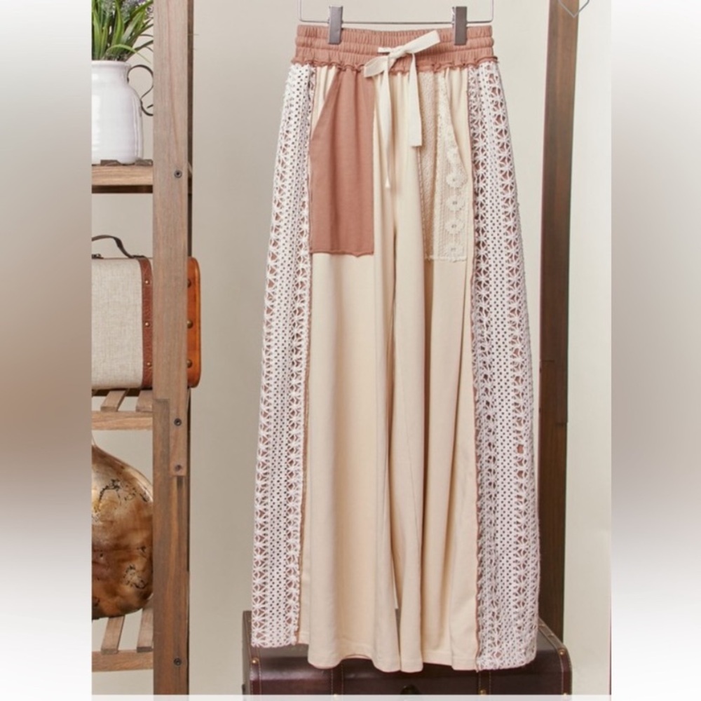 Chic Bohemian Wide Leg Pants in Cream and Brown